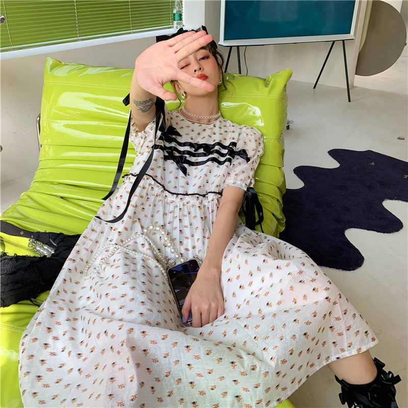 花妖原创复古法式庄园风蝴蝶结泡泡袖荷叶边连衣裙长款过膝大摆裙