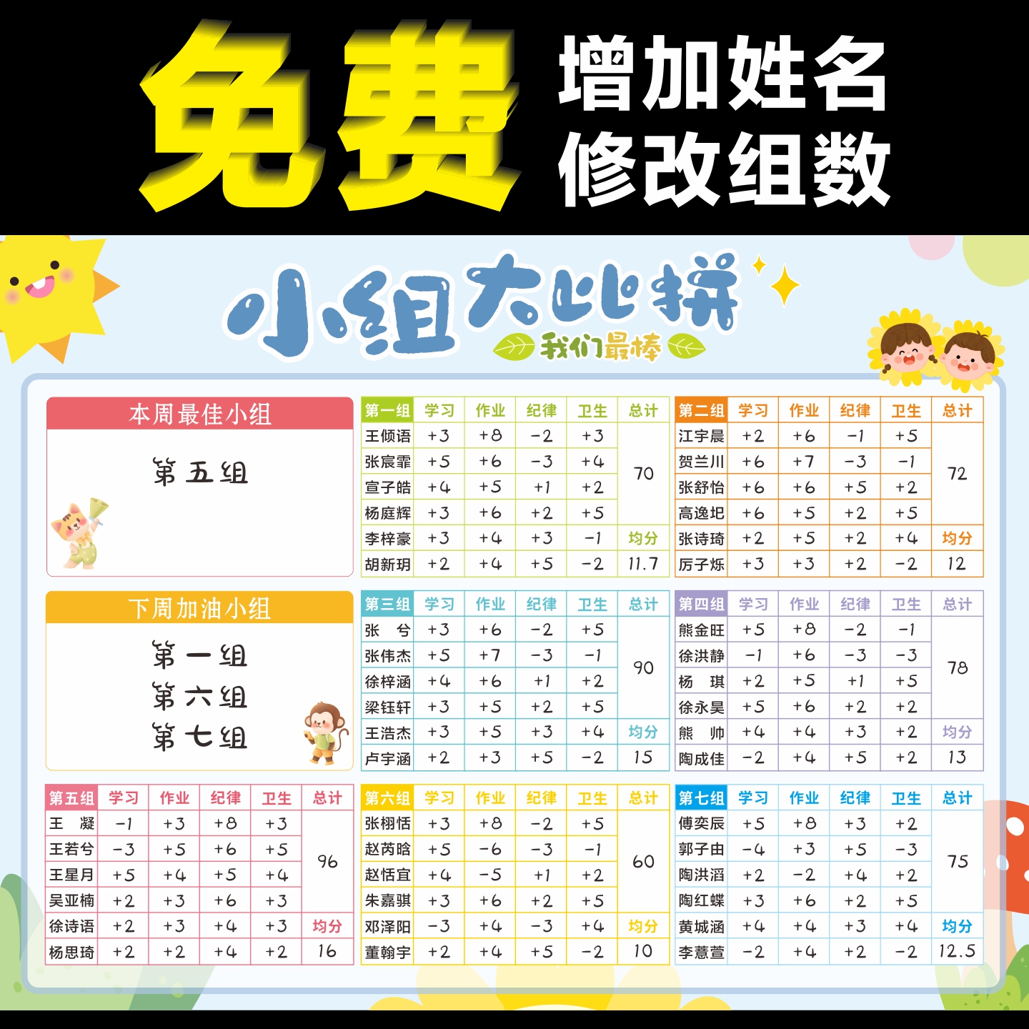 班级小组评比栏积分表墙贴