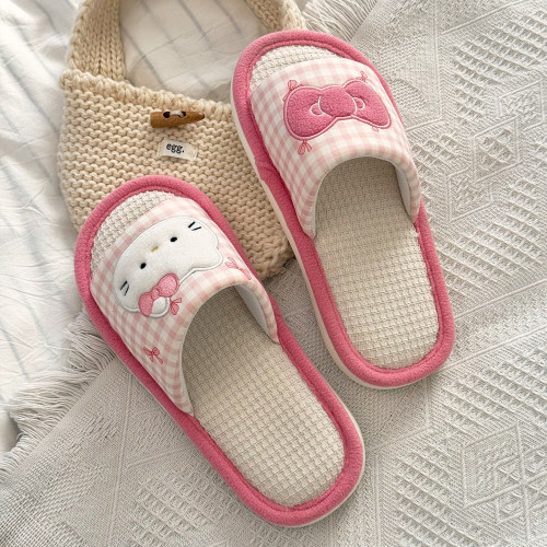 2025款kt亚麻拖鞋女秋季可爱HelloKitty居家室内防滑四季棉麻拖鞋