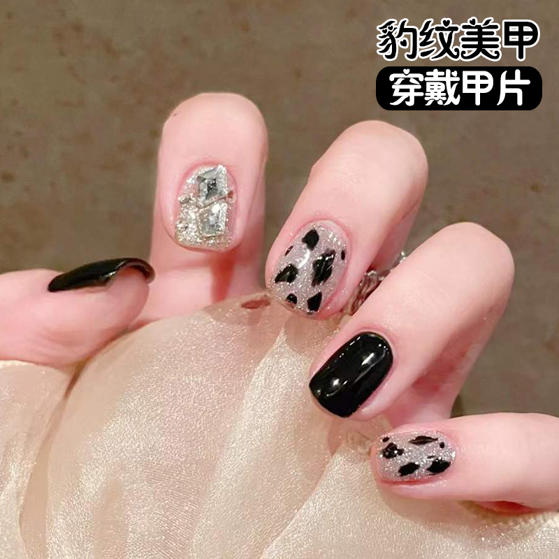 假指甲贴片美甲成品拆卸猫眼豹纹秋冬短款黑色高级感穿戴式美甲片