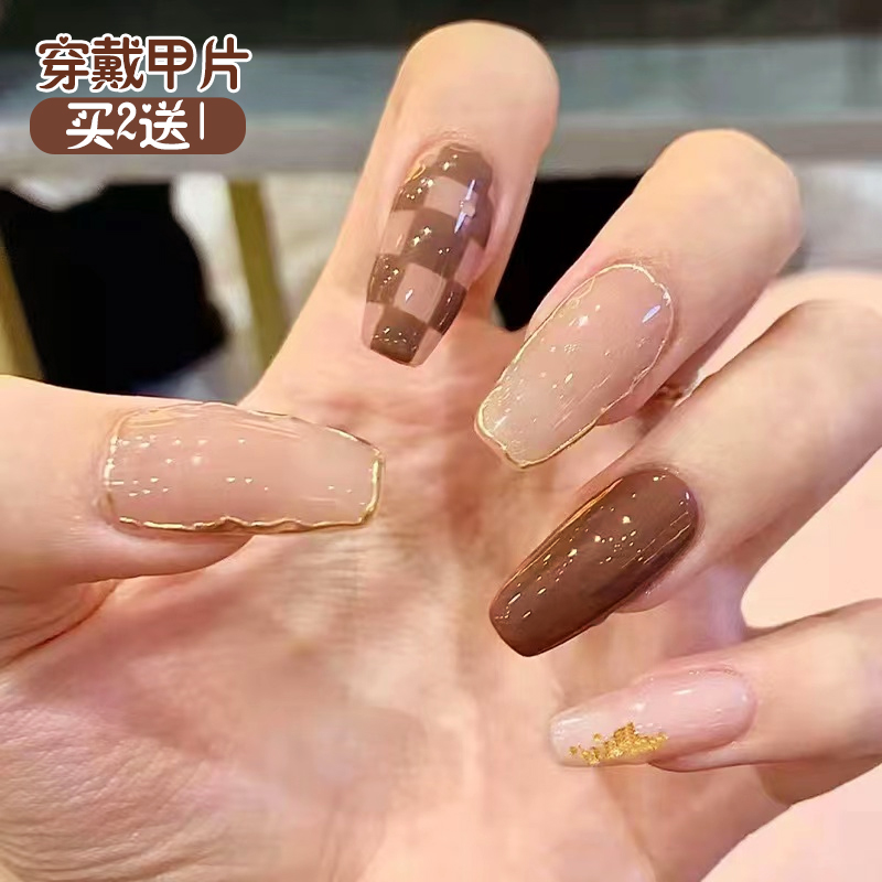 新款棋盘格穿戴式美甲片2023长款描金指甲贴片成品可拆卸假指甲片