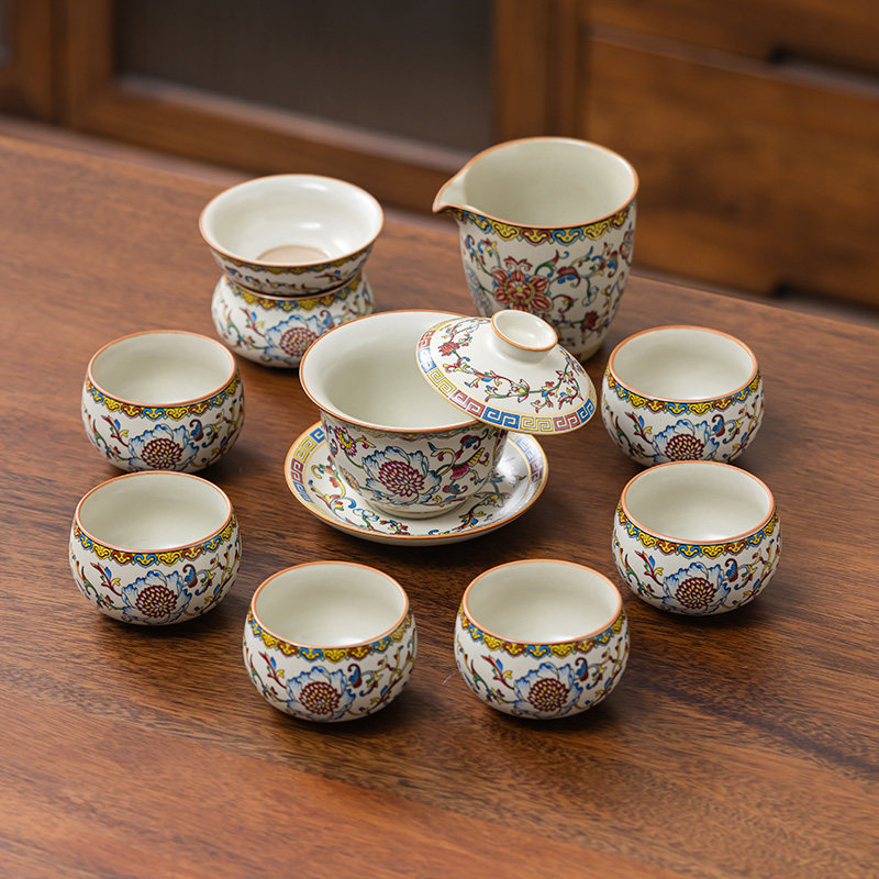 爆款宫廷风小套茶具轻奢高档米白汝窑开片珐琅彩盖碗茶杯套装,餐饮具,功夫茶具,淘宝优惠券,粉丝福利购,淘宝优惠卷