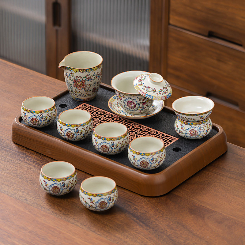 宫廷风复古珐琅彩缠枝莲功夫茶具套装汝窑开片盖碗茶杯整套带茶盘,餐饮具,功夫茶具,淘宝优惠券,粉丝福利购,淘宝优惠卷