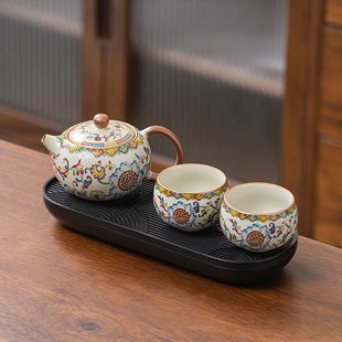 宫廷风珐琅彩缠枝莲西施壶套装汝窑开片一壶两杯带茶盘功夫茶具