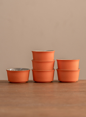 粗陶橙色品茗杯粗陶提梁壶设计尽显巧思为茶事添一份雅致泡茶好物