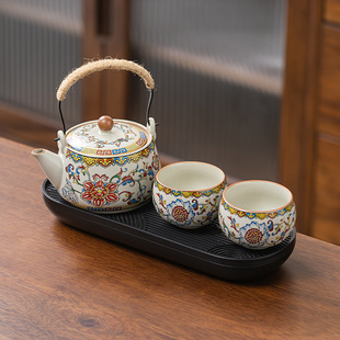 热销款汝窑可养开片提梁壶珐琅彩缠枝莲一壶两杯带茶盘套装