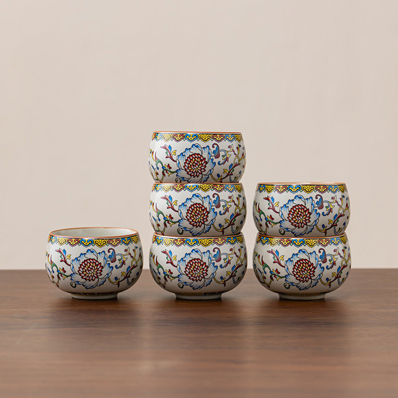 珐琅彩缠枝莲品茗杯汝窑开片可养茶杯功夫茶具单杯套装6只装,餐饮具,茶杯,淘宝优惠券,粉丝福利购,淘宝优惠卷