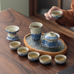 开片可养家用泡茶器盖碗茶杯套组 米黄汝窑繁花功夫茶具套装