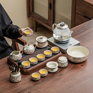 中式复古陶瓷敦煌凤翎茶具套装带玻璃煮茶壶品茶佳选尽显雅致韵味