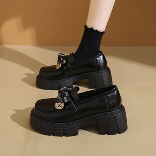 女2025新款 爆款 英伦风一脚蹬单鞋 蝴蝶结百搭小皮鞋 法式 厚底乐福鞋