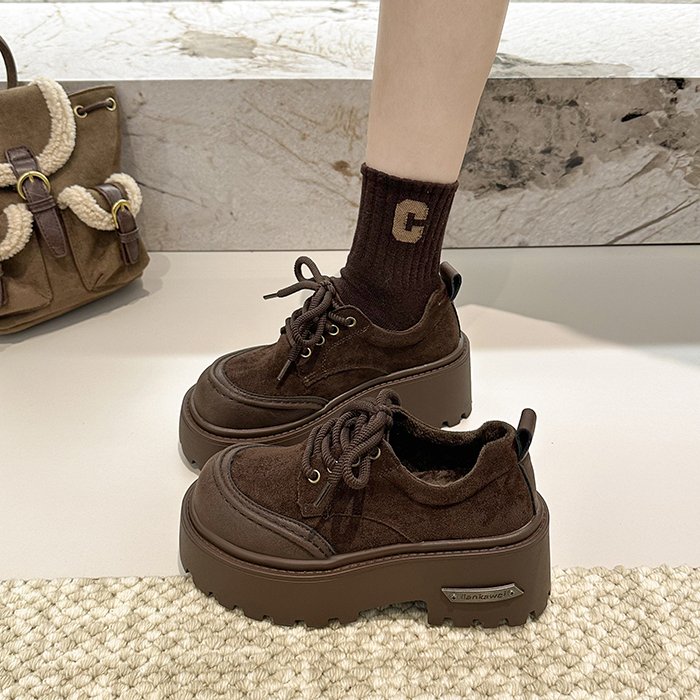 复古增高乐福鞋女2025冬季新款小个子加绒厚底鞋英伦风系带小皮鞋