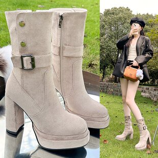 小个子厚底粗跟短靴女款2025新款秋季复古绒面超高跟弹力瘦瘦靴子