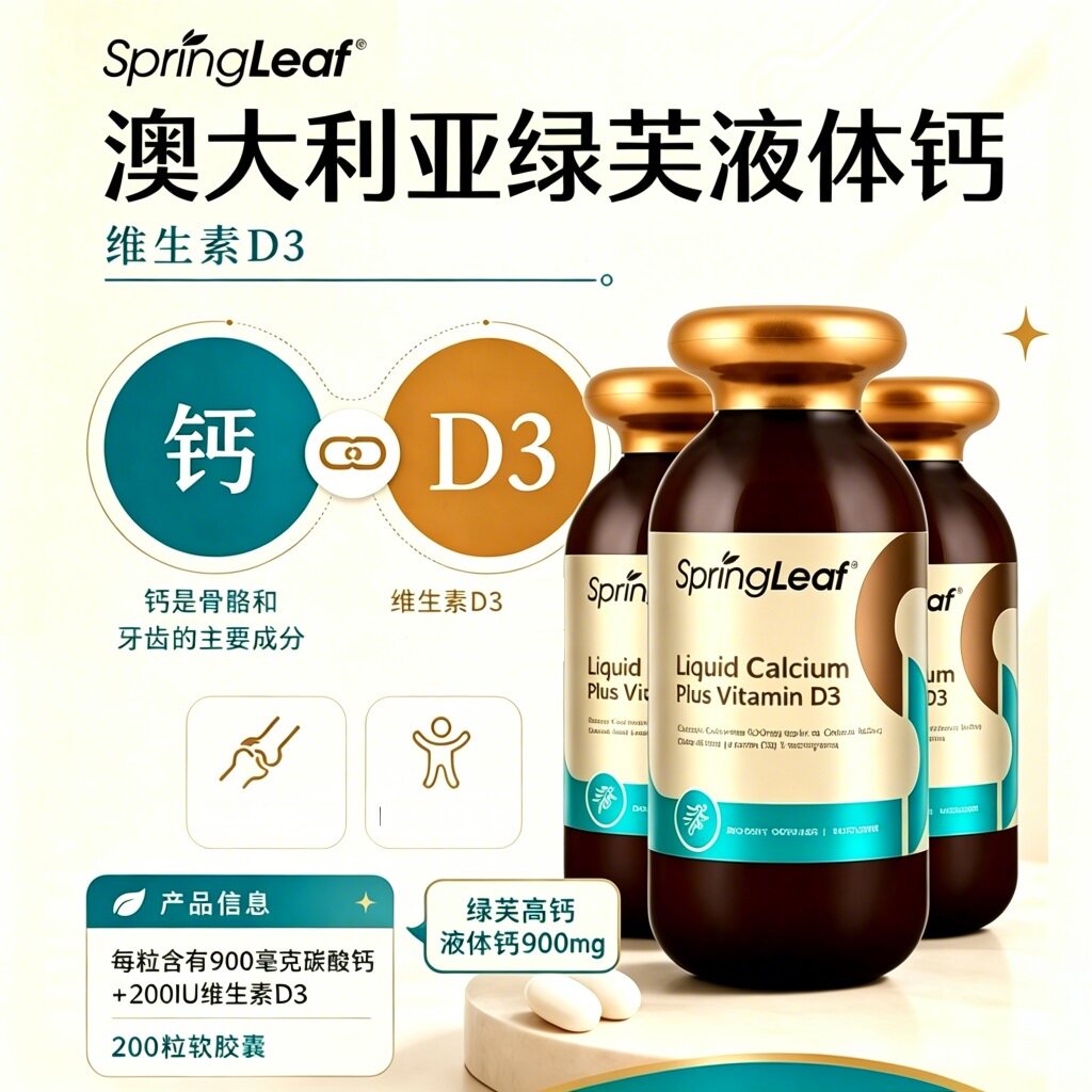 【3瓶】澳洲SpringLeaf绿芙高钙液体钙900mg胶囊200粒含维生素D3
