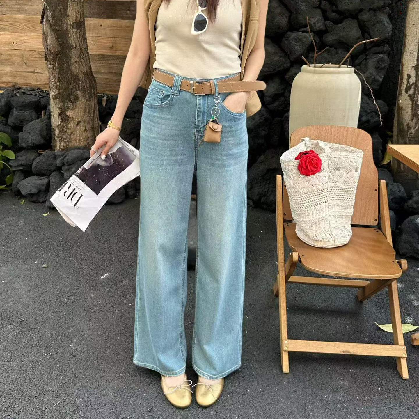 高腰阔腿夏薄款显瘦牛仔裤送腰带