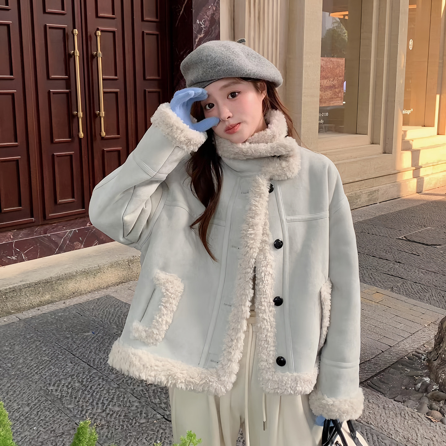 pinhan正品冬季立领皮毛一体短款外套女羊羔毛保暖显瘦加厚机车服