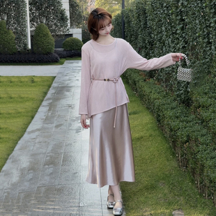 轻奢风针织罩衫吊带连衣裙两件套女春夏新款长袖气质显瘦温柔长裙