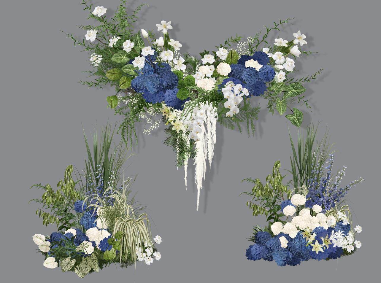 蓝白绿色悬挂婚礼花艺素材 婚礼手绘花艺 psd分层文件