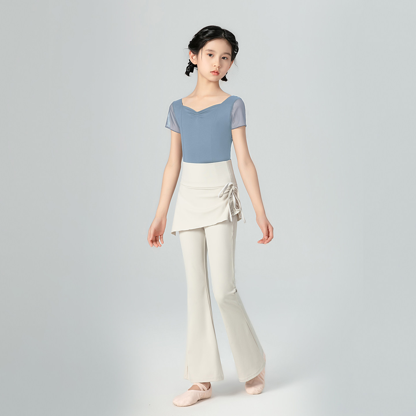 新款芭蕾舞蹈服女童短袖上衣喇叭裤假两透气件练功服米色裙裤套装