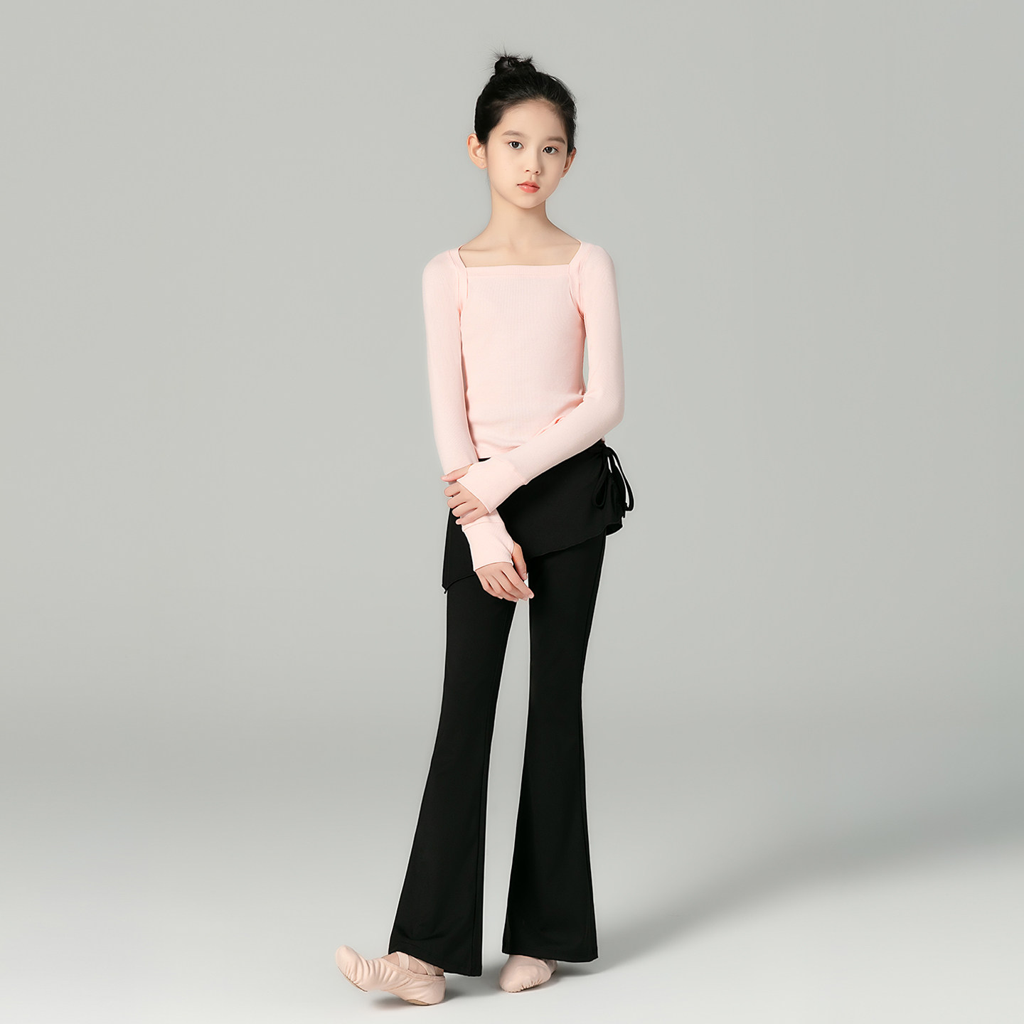 少儿舞蹈服女童方领修身长袖假两件裙裤微喇裤中国舞日常训练服装图片