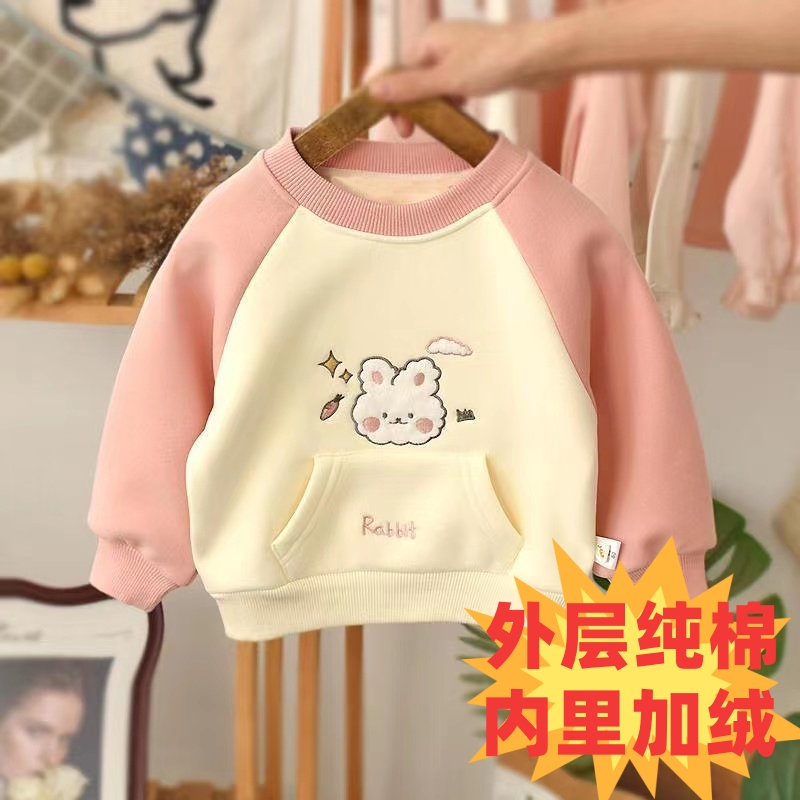 纯棉女童加绒卫衣秋冬2023新款一体绒拼色洋气套头儿童女宝上衣韩