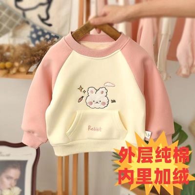 纯棉女童加绒卫衣秋冬2023新款一体绒拼色洋气套头儿童女宝上衣韩