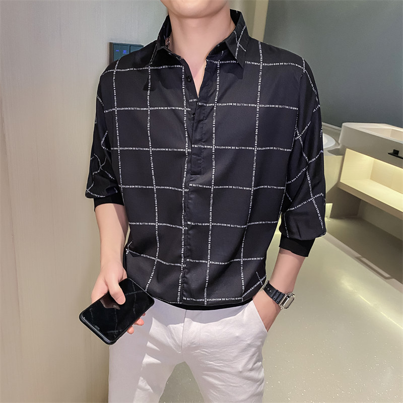 格子衬衫男夏季新款冰丝薄款短袖帅气衬衣潮流痞帅网红发型师P40图片