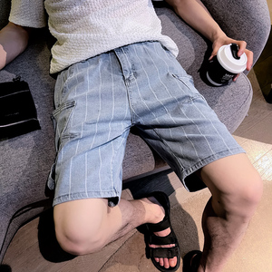 薄款潮流中裤条纹宽松牛仔工装裤夏季男生五分短裤男裤潮牌p48图片