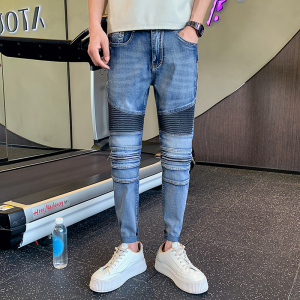 2025夏季男士牛仔裤小脚裤裤子修身拼接设计感痞帅高级感P68图片