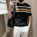 2025夏季短袖毛衣针织男士打底修身圆领帅气半袖体恤条纹线衣p45，男装T恤，电商A270