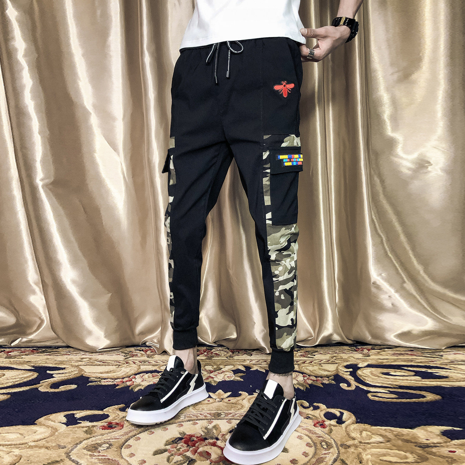 男裤韩版修身小脚裤潮流迷彩休闲工装裤潮牌束脚抖音同款潮牌拼接,男装工装外套,电商A270