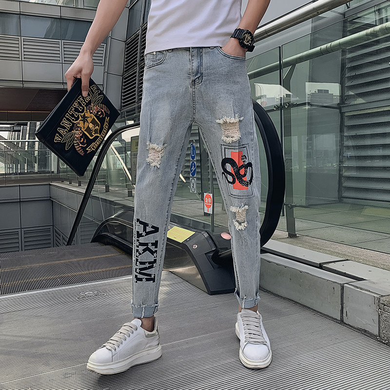 男士牛仔裤修身裤子潮流九分潮牌男韩版2025新款夏季破洞印花P55,男装牛仔裤,电商A270