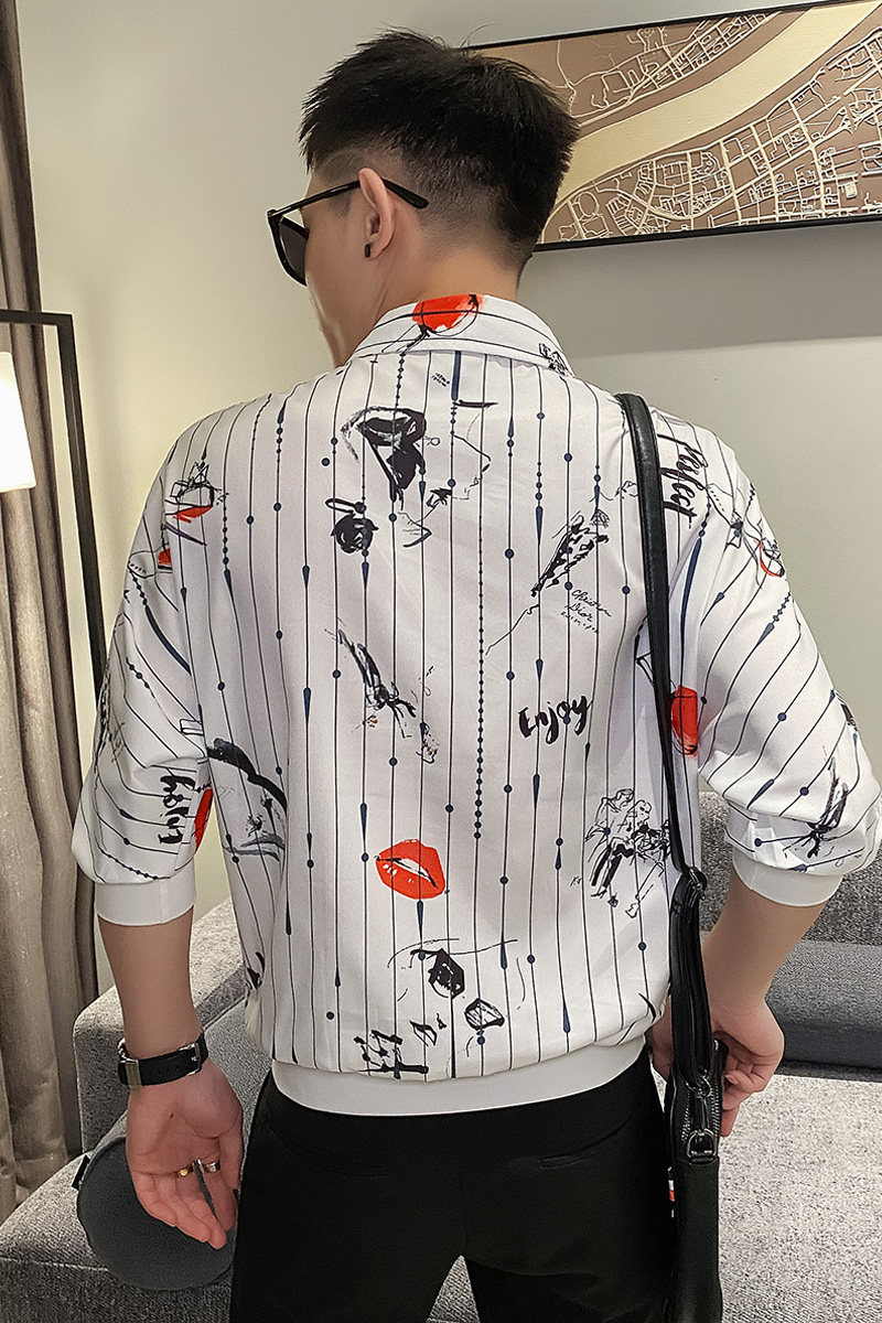 嘴唇衬衫男夏季新款冰丝薄款短袖帅气衬衣潮流痞帅网红上衣黑P40,男装T恤,电商A270