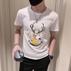 圆领T男装套头夏季打底时尚潮牌修身短袖薄钻半袖烫体恤p28图片