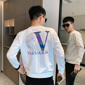 春秋款卫衣男生秋季秋衣圆领时尚反光长袖T恤字母外套小衫白色P55图片