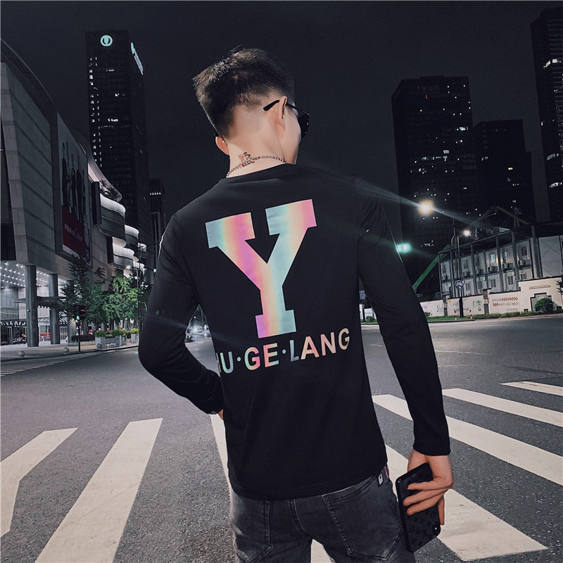 男长袖t恤修身潮流打底衫上衣服2025秋季新款韩版潮牌印花个性P40,男装T恤,电商A270