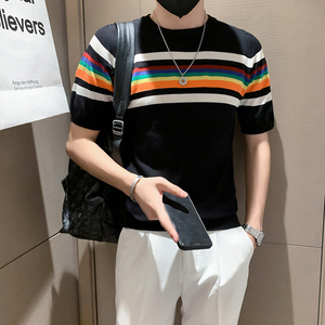 2025夏季短袖毛衣针织男士打底修身圆领帅气半袖体恤条纹线衣p45图片
