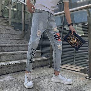 男士牛仔裤修身裤子潮流九分潮牌男韩版2025新款夏季破洞烟花P55图片