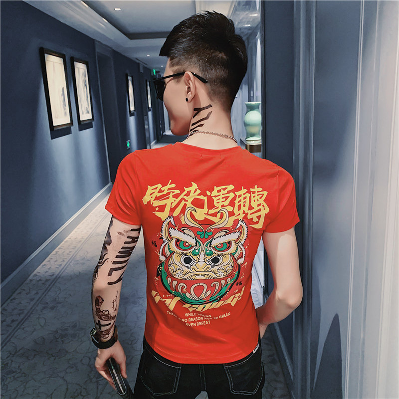 2025夏季男短袖t恤半袖潮流印花修身网红衣服潮牌百搭红AT26-P35,男装T恤,电商A270