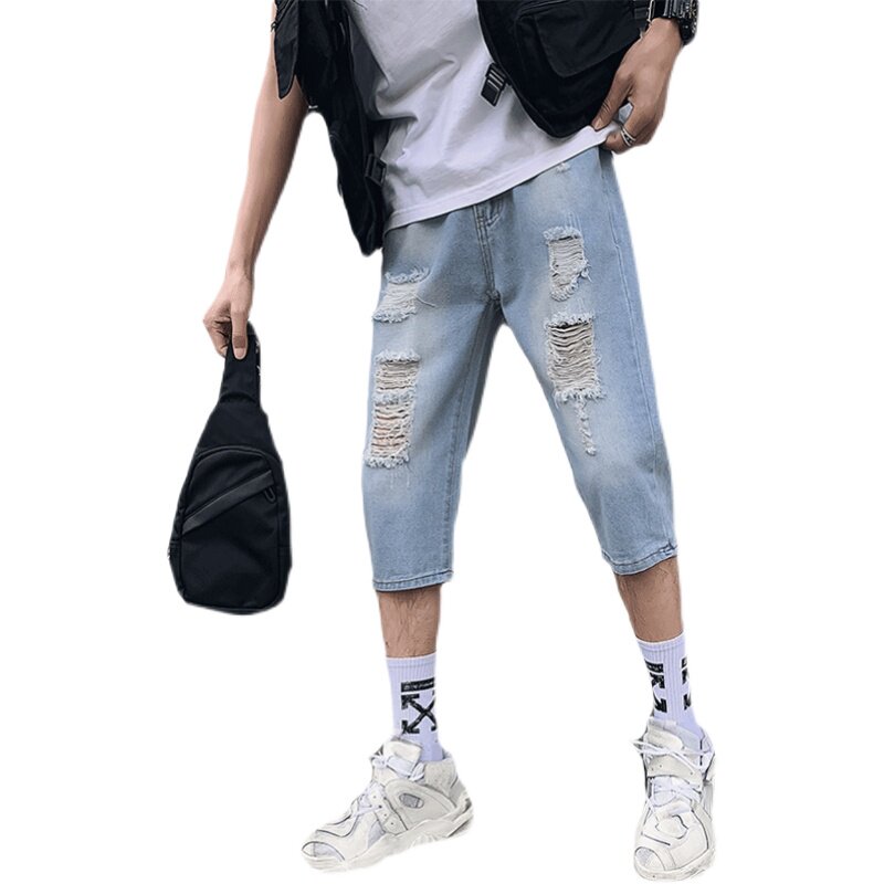 2025男夏季短裤韩版潮流牛仔裤七分裤破洞浅色7分裤网红NZ22-p45,男装牛仔裤,电商A270