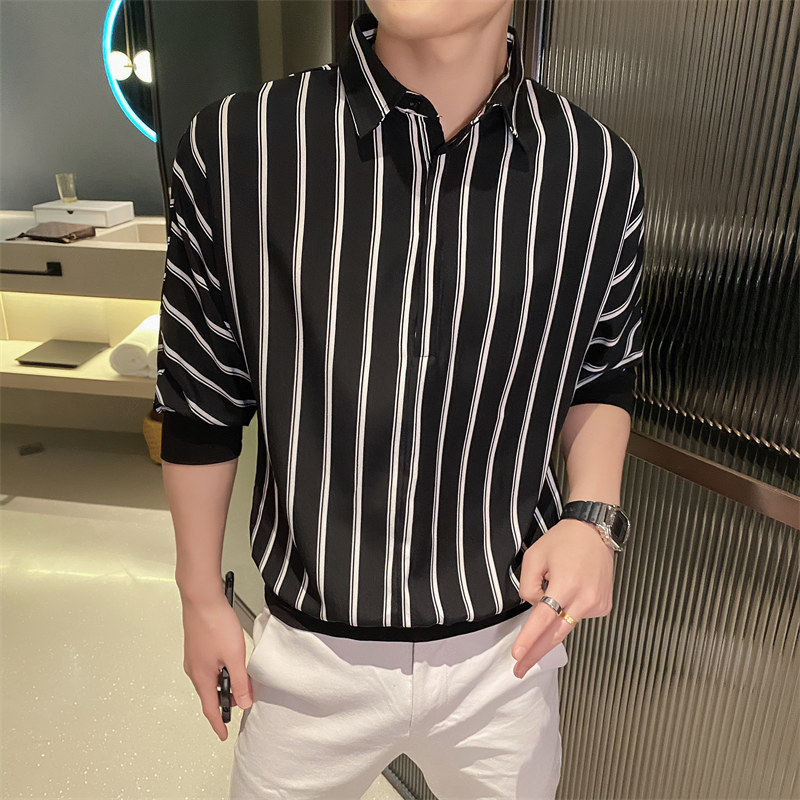 条纹衬衫男夏季新款冰丝薄款短袖帅气衬衣潮流痞帅网红上衣潮P40,男装T恤,电商A270