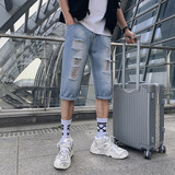2025男夏季短裤韩版潮流牛仔裤七分裤破洞浅色7分裤网红中裤-p45，男装牛仔裤，电商A270