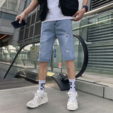 2025男夏季短裤韩版潮流牛仔裤六分裤破洞浅色七分裤网红NZ20-p45，男装牛仔裤，电商A270