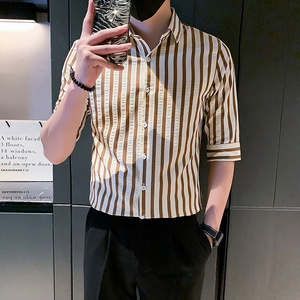 夏季男士衬衫衬衣男装短袖修身半袖中袖潮流条纹五分袖发型师P55图片