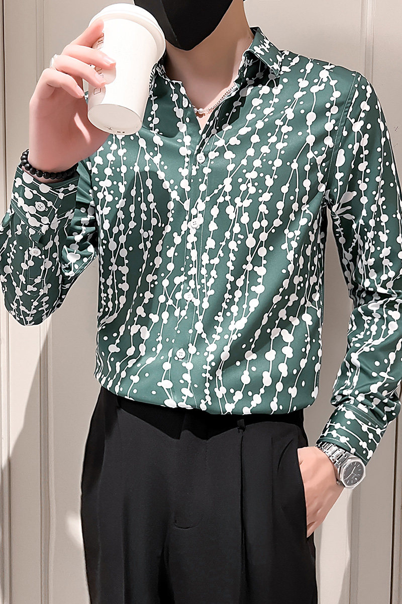 2025秋季男士长袖衬衫韩版修身发型师痞帅工作服绿色P55,男装衬衫,电商A270
