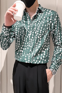 2025秋季男士长袖衬衫韩版修身发型师痞帅工作服绿色P55图片