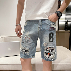 2023破洞浅色印花男士薄款潮流五分裤年裤子牛仔乞丐短裤夏季p48图片