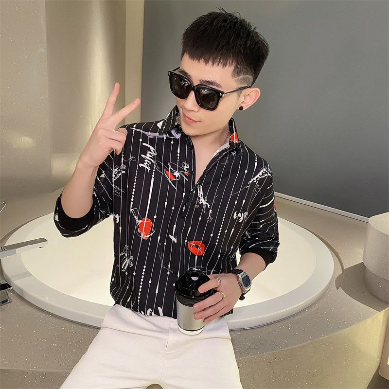 嘴唇衬衫男夏季新款冰丝薄款短袖帅气衬衣潮流痞帅网红上衣服P40,男装T恤,电商A270