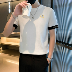 2025夏季男士修身半袖潮流圆领体恤针织衫痞帅半袖P48图片