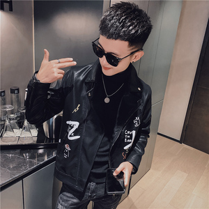 2025秋冬季男修身皮夹克翻领外套冬季潮流皮衣服潮牌印花机车P115图片