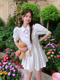LEMAN ROUGE 新款学院风泡泡袖公主裙钻扣宽松芭比百褶少女连衣裙